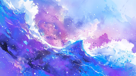 Abstract watercolor illustration with vibrant blue and purple hues resembling an ocean wave. Concept of abstract art, oceanic beauty, creativity, and dynamic flow.の写真素材