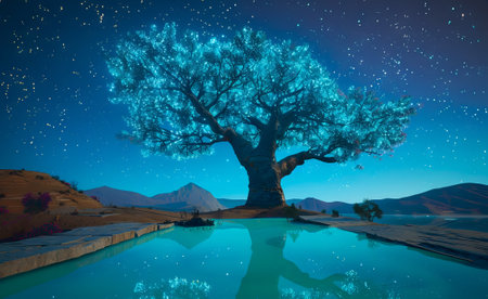 Majestic Tree Under Starry Night Sky Reflecting in Tranquil Water. Concept of serenity, nature's...