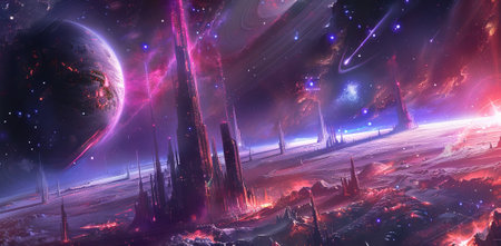 Futuristic Alien Landscape with Neon Skyscrapers and Cosmic Galaxy. Concept of Outer Space...