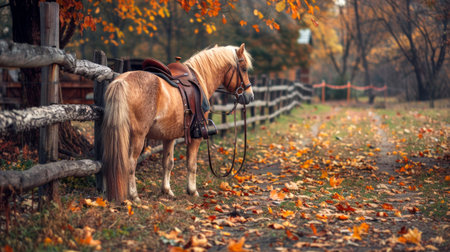 Pony with a Saddle Standing by a Wooden Fence in Autumn Scenery. Concept of Equestrian Adventure, Fall Colors, Tranquil Countryside, Nature's Beauty, Cute Little Horse.の写真素材