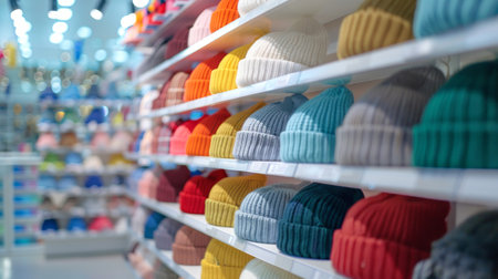 Colorful Winter Hats on Display in a clothing Store. Concept of Stylish Accessories, Seasonal Fashion, Warm Headgear, and Trendy Winter Styles.の写真素材