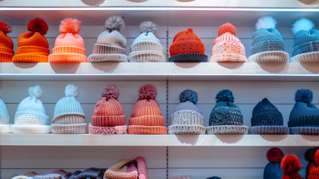 Colorful Winter Hats on Display in a clothing Store. Concept of Stylish Accessories, Seasonal Fashion, Warm Headgear, and Trendy Winter Styles.の写真素材