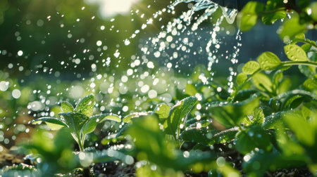 Close-up of young green plants being watered in a garden. Concept of gardening, plant care,...