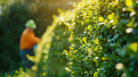 Landscaper Trimmed Hedges in Garden with Sunlight. Concept of Gardening, Nature, Outdoor Work, Sustainable Landscaping. Copy space.の写真素材