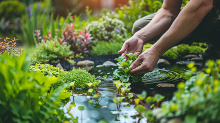 Gardener Carefully Adjusting Aquatic Plants in a Vibrant Water Garden. Concept of Eco-Friendly Landscaping, Hands-On Gardening, Nature Preservation, pond, and Plant Care.の写真素材