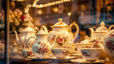 Elegant Display of Vintage Floral Porcelain Teapots and Teacups in a kitchenware Store Window. Concept of Antique Charm, Tea Time Elegance, Decorative Tableware, and Sophisticated Shopping.の写真素材
