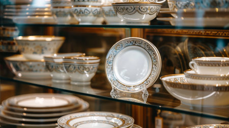Elegant Porcelain Dinnerware Display in a Store Window. Concept of Luxury Dining, Home Decor, Ceramic Craftsmanship, and Fine Tableware.の写真素材