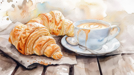 Morning Coffee with Croissants on a Wooden Table. Concept of Relaxation, Breakfast Delight, and Culinary Enjoyment. Watercolor Art.の写真素材