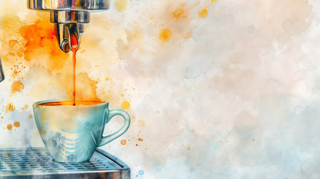 Gentle Watercolor Art of Coffee Flowing from Espresso Machine into a Cup. Concept of Warm Mornings, Coffee Culture, Artistry, Brewing Delight. Copy space.の写真素材