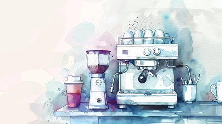 Watercolor Art of a Contemporary Office Coffee Setup with Espresso Machine and Grinder. Concept of Cafeteria Culture, Modern Workplace, Coffee Break Relaxation.の写真素材