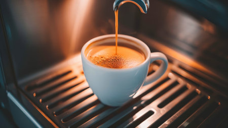 Close-Up of a Hot Coffee Cup in Use in a Coffee Machine. Concept of Morning Routine, Fresh Brew, Caffeine Boost, and Beverage Enjoyment.の写真素材