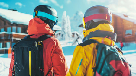 Two Skiers in Colorful Jackets and Helmets Stand in a Snowy Mountain Resort. Concept of Winter Activities, Skiing Adventure, and Mountain Holidays.の写真素材