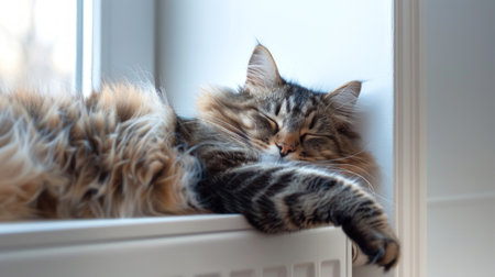 Fluffy cat sleeping soundly on a sunny windowsill above a white radiator. Concept of relaxation, cozy home atmosphere, peaceful domestic life, heating, and cute kitten.の写真素材