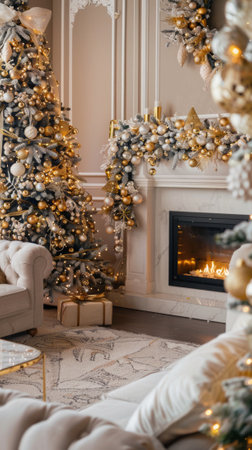 Luxurious living room with elegant Christmas tree and fireplace. Concept of holiday decor, cozy winter evenings, festive home ambiance. Vertical.の写真素材