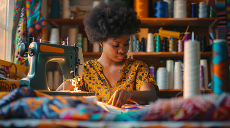 Focused African Woman Seamstress Working with Vibrant Fabrics in a Colorful Sewing Studio. Concept...