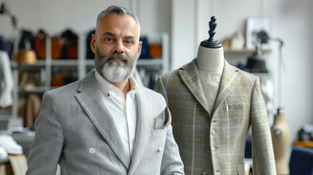 Confident Caucasian Man Fashion Designer in Tailoring Studio with Elegant Suit. Concept of...