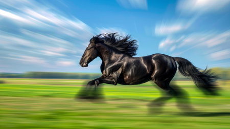 Powerful Black Horse Galloping Through a Vibrant Green Field. Concept of Freedom, Speed, Strength, Majestic Beauty in Nature, fast running, motion. Copy space.の写真素材