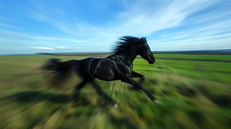 Powerful Black Horse Galloping Through a Vibrant Green Field. Concept of Freedom, Speed, Strength,...