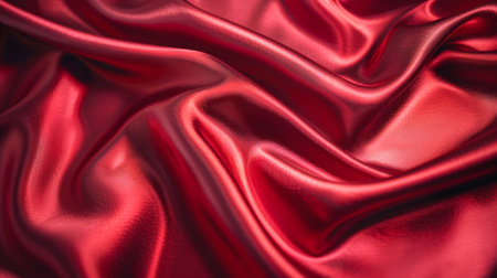 Close-Up of Silky Red Satin Fabric. Concept of Luxury Texture, Elegant Textile, Richness, and Sensuality. Background. Copy space.の写真素材