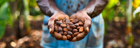 Hands of Man Holding Freshly Harvested Cacao Beans in a Sunlit Plantation. Concept of Organic Farming, Sustainable Agriculture, Nature's Bounty, cocoa production. Background, Banner. Copy space.の写真素材