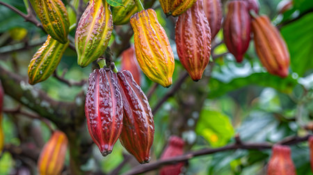 Cacao Tree with Ripe and Unripe Pods in Tropical Plantation. Concept of Chocolate Production, Sustainable Farming, Agriculture, Nature's Abundance, Botanical Diversity, Cocoa Production. Copy space.の写真素材