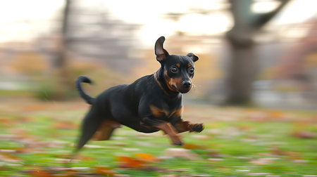 Energetic Small Black Dog Running Through a Leaf-Covered Park. Concept of Pet Excitement, Outdoor...