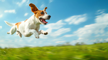 Energetic Jack Russell Terrier Running Through Lush Green Field Under a Clear Blue Sky. Concept of...