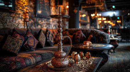 Luxurious Hookah Lounge Interior with Ornate Decor and Cozy Atmosphere. Concept of Relaxation,...