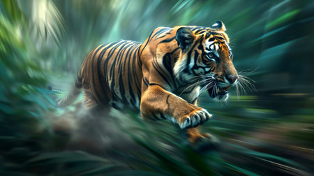 Majestic Tiger Sprinting Through the Jungle Captures Raw Power and Speed. Concept of wildlife adventure, nature's beauty, predator agility, thrilling jungle exploration, fast running, motion.の写真素材