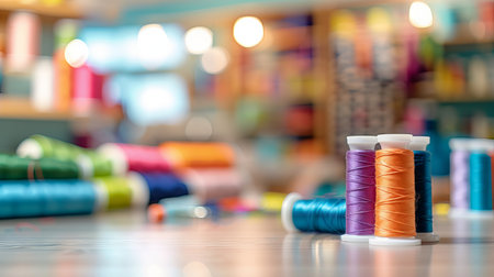 Close-Up of Colorful Sewing Accessories with Threads and Spools in Cozy Workshop. Concept of Creative Crafting, Textile Art, Handmade Fashion, and DIY Projects. Copy space.の写真素材