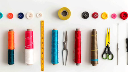 Sewing accessories neatly arranged on white background with colorful buttons, threads, scissors, and...