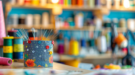 Close-up of a colorful pincushion with needles and buttons in a vibrant sewing studio. Concept of...