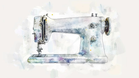 Vintage Watercolor Illustration of a White Sewing Machine with Vibrant Colors. Concept of Artistic Creativity, Nostalgia, Craftsmanship, and Detailed Art.の写真素材