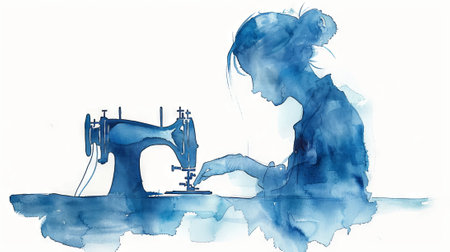 Watercolor Art of a Seamstress Sewing with a Vintage Machine on white background. Concept of Creativity, Craftsmanship, Tradition, and Artistic Expression. Copy space.の写真素材