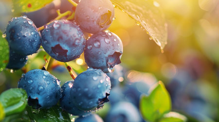 Close-up of Ripe Blueberries on a Bush with Water Droplets on Leaves. Concept of Fresh Fruits, Organic Farming, Healthy Eating.の写真素材