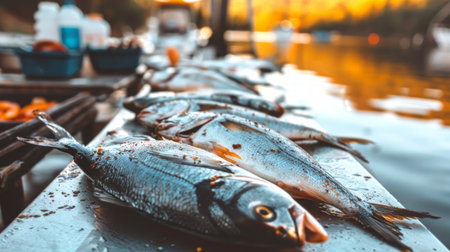 Freshly Caught Fish at a Busy Harbor Fish Cleaning Station. Concept of Coastal Fishing, Seafood...