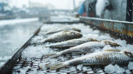 Freshly Caught Fish Lined Up on a Metal Grate with Ice in a Market Setting. Concept of Perishable...