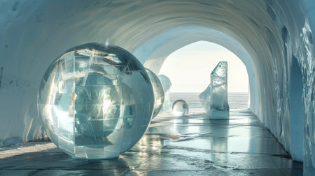 Transparent Ice Sculptures in an Ice Tunnel by the Ocean on a Clear Sky Day. Concept of Winter Art, Coastal Ice Installations, Reflective Sculptures. Ice Hotel.の写真素材