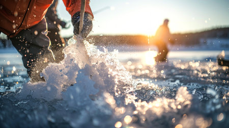 Photo of an Angler Using a Handheld Ice Scoop to Clear Ice from a Frozen Lake. Concept of Winter...