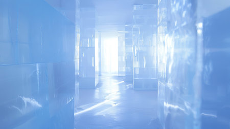 Stunning Ice Hotel Hallway with Translucent Ice Walls. Concept of Arctic Adventure, Winter Wonderland, Unique Accommodation.の写真素材