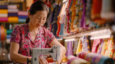 Asian Woman Seamstress Focused on Sewing Fabric in Colorful Workshop. Concept of Fashion Design, Creative Craftsmanship, Textile Art, and Handmade Clothing.の写真素材