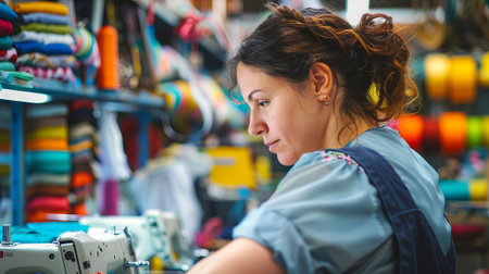 Focused Caucasian Woman Sewing in a Colorful Fabric Shop. Concept of Passionate Craftsmanship,...
