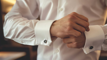 Close-Up of Man Fastening Cufflinks on White Shirt. Concept of Business, Fashion, Formal Wear, and...