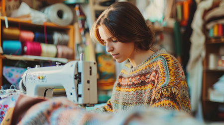 Young Woman Seamstress Intently Sewing in a Cozy Workshop. Concept of Focused Craftsmanship,...