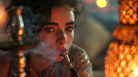 Young Caucasian Woman Enjoying a Hookah in a Cozy, Ambient Setting. Concept of Relaxation, Cultural...