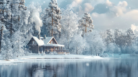 Cozy snow-covered cabin in a winter forest by a tranquil lake with snow-laden trees, perfect for winter retreats, serene nature escapes, and holiday tranquility.の写真素材