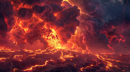 Erupting Volcano with Molten Lava Flow and Dark Clouds in the Sky. Concept of Natural Disaster,...