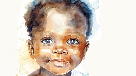 Watercolor Painting of a Smiling African American Baby Face. Concept of joyful childhood, expressive portrait, vivid colors, artistic illustration. White background. Copy space.の写真素材