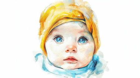 Adorable watercolor portrait of a newborn baby with blue eyes. Concept of infant art, gentle expression, smiling child, stylish, colorful design. White background.の写真素材