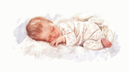 Watercolor illustration of peaceful sleeping newborn baby in soft pajamas isolated on a white background. Concept of calm sleep, innocence, babyhood, childhood, tenderness, and tranquility.の写真素材